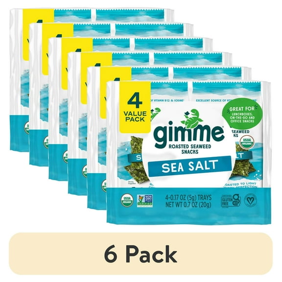 (6 pack) Gimme Organic Roasted Seaweed Snacks with Sea Salt, 4 Pack, 5 Gram, Crispy Texture