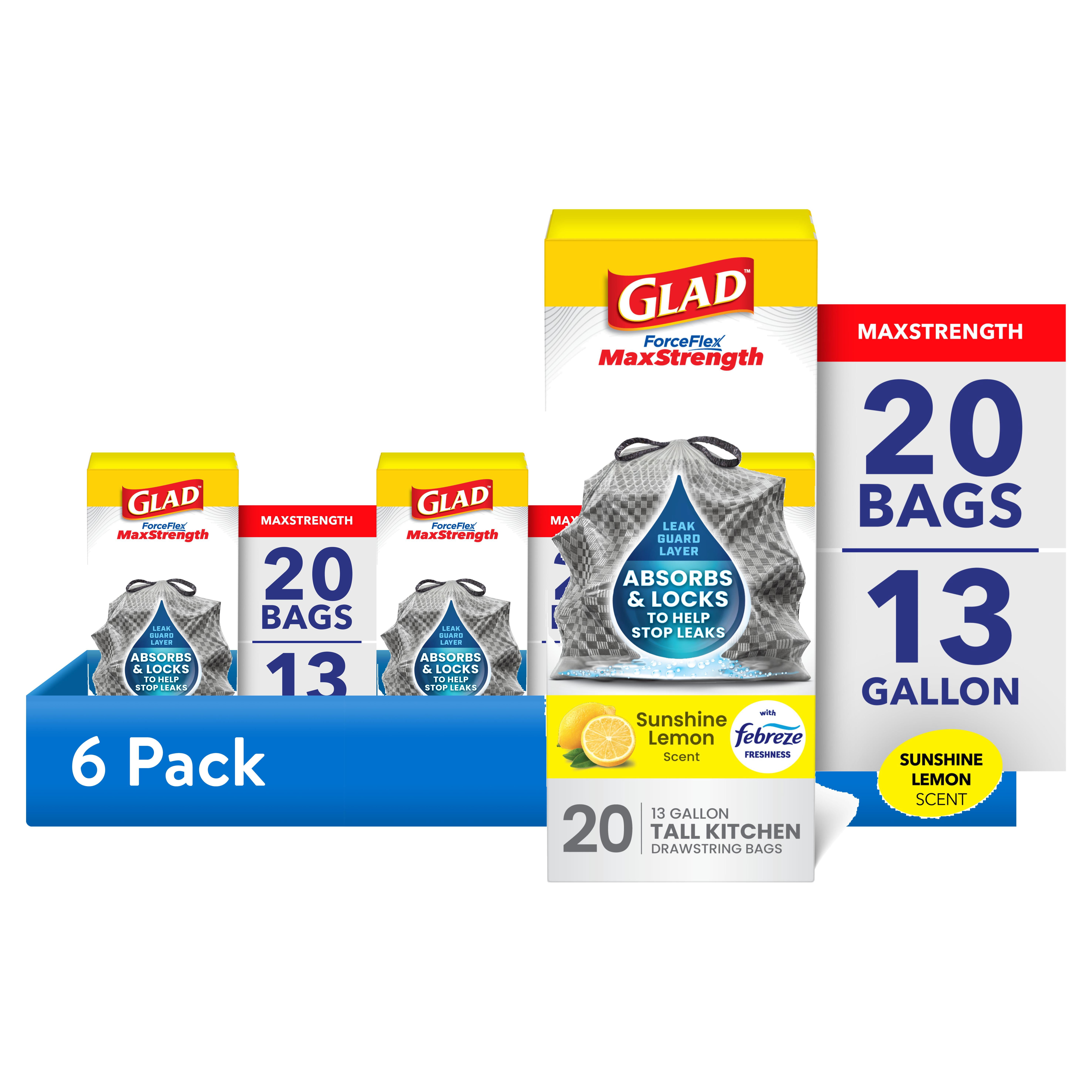 (6 pack) Glad ForceFlex MaxStrength LeakGuard 13-Gallon Tall Kitchen Trash Bags, Sunshine Lemon Scent, 20 Bags
