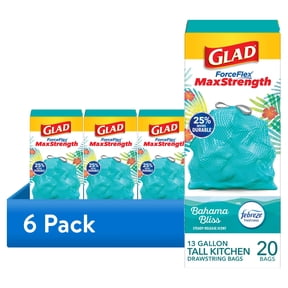 (6 pack) Glad ForceFlex MaxStrength Scented Tall Kitchen Trash Bags, 13 Gallon, Bahama Bliss with Febreze Freshness, 20 Bags