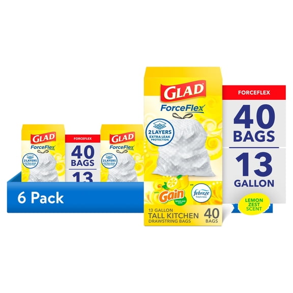(6 pack) Glad ForceFlex Tall Kitchen Drawstring Trash Bags, 13 Gal, Gain Lemon Zest Febreze, 40 Count