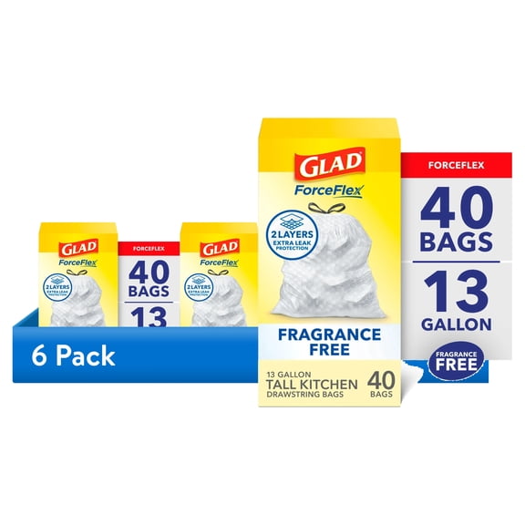 (6 pack) Glad ForceFlex Tall Kitchen Drawstring Trash Bags, 13 Gallon, Fragrance Free, 40 Count