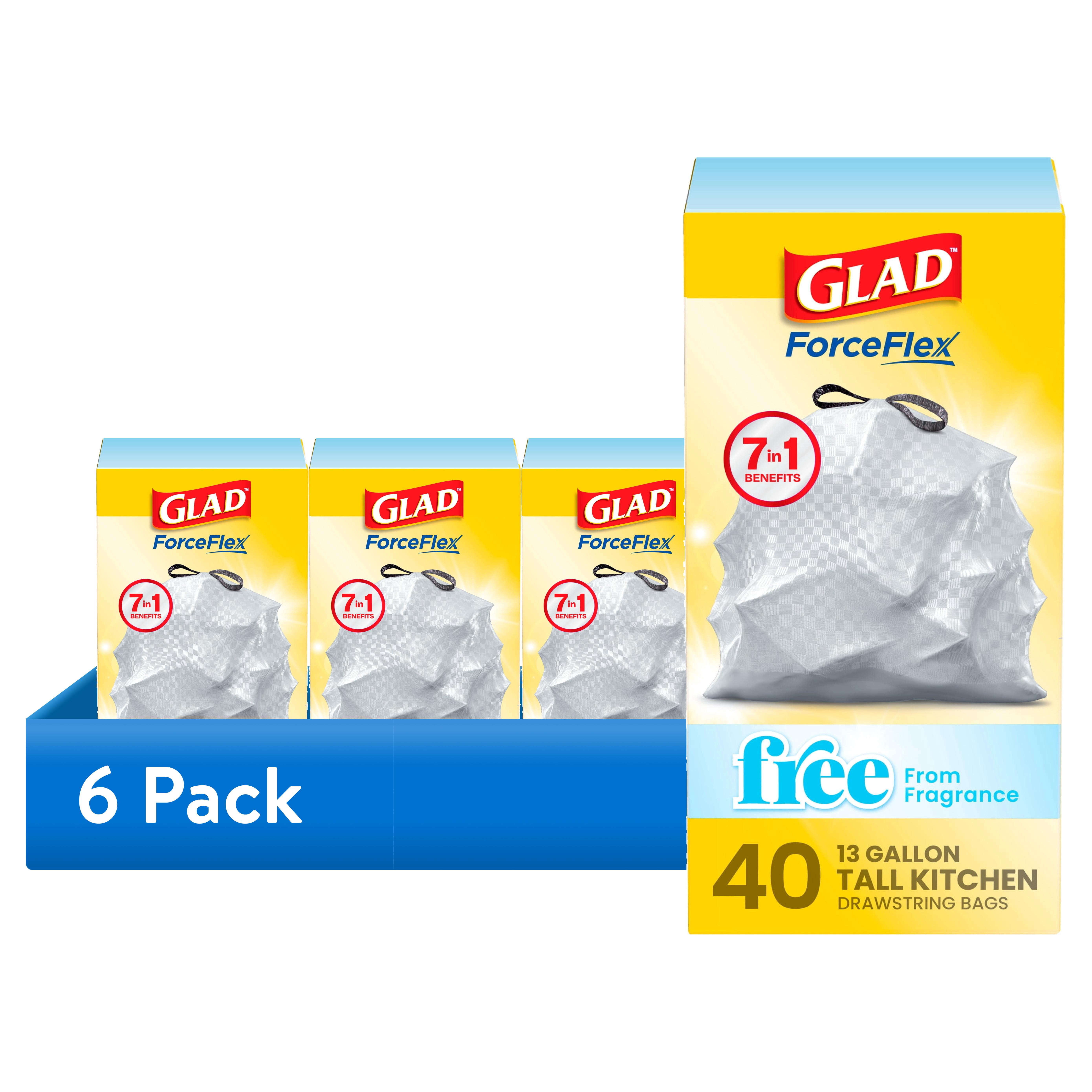 (6 pack) Glad ForceFlex Tall Kitchen Drawstring Trash Bags, 13 Gal, Fragrance Free, 40 Count