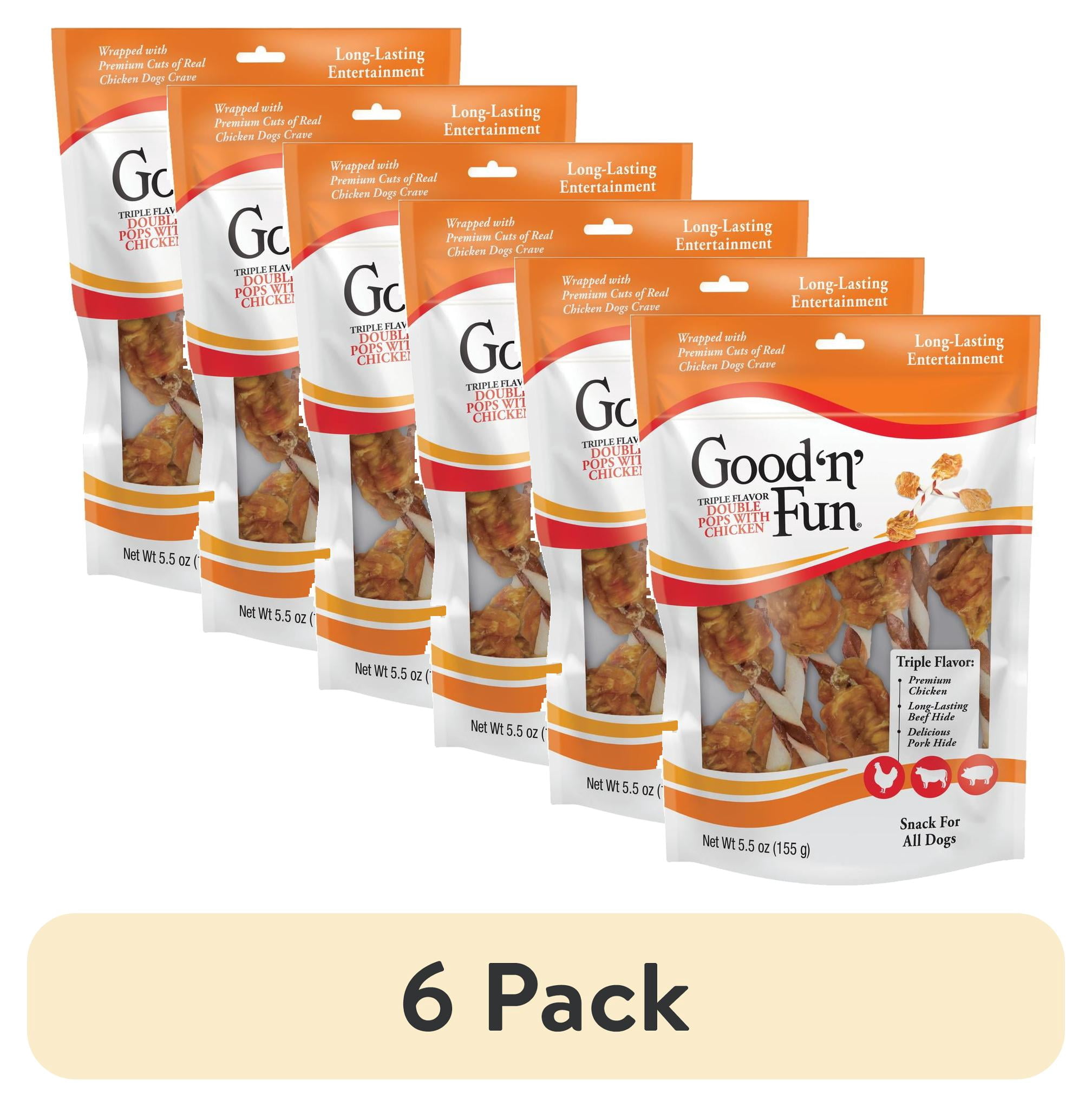 (6 pack) Good 'n' Fun Triple Flavor Double Pops with Chicken, Rawhide Chews for All Dogs, 5.5 oz.