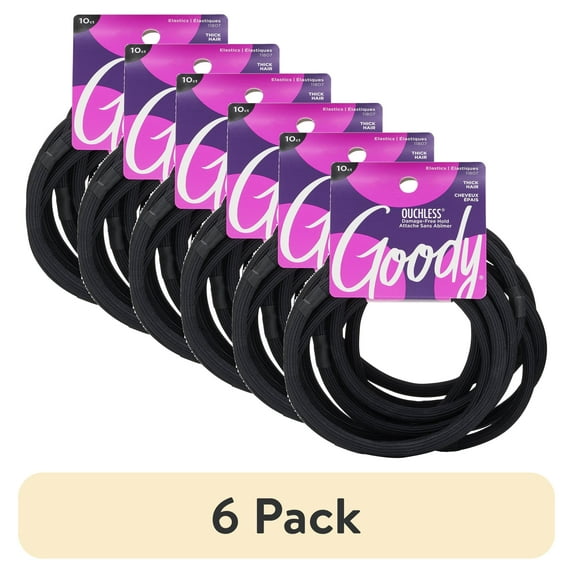 (6 pack) Goody Ouchless Hair Ties, Black, XL Fabric Covered Elastic Band, Thick, Long Hair, 10 Ct