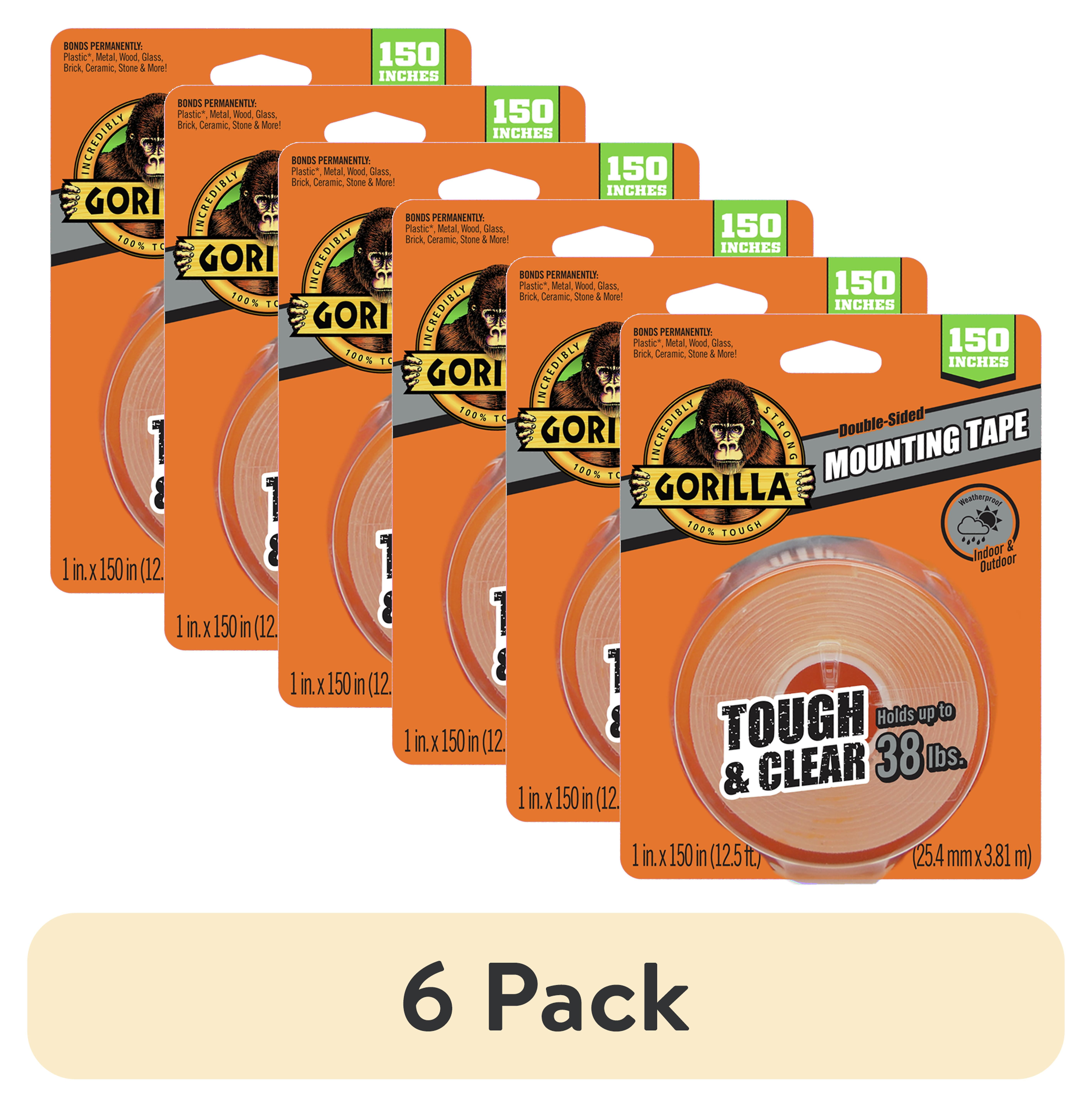 (6 pack) Gorilla Tough & Clear Double Sided Mounting Tape, Clear Tape, 1" x 150"