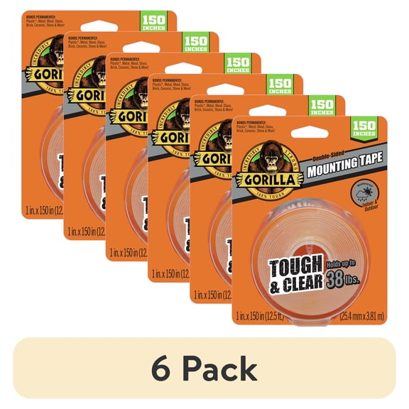 (6 pack) Gorilla Tough & Clear Double Sided Mounting Tape, Clear Tape, 1" x 150"