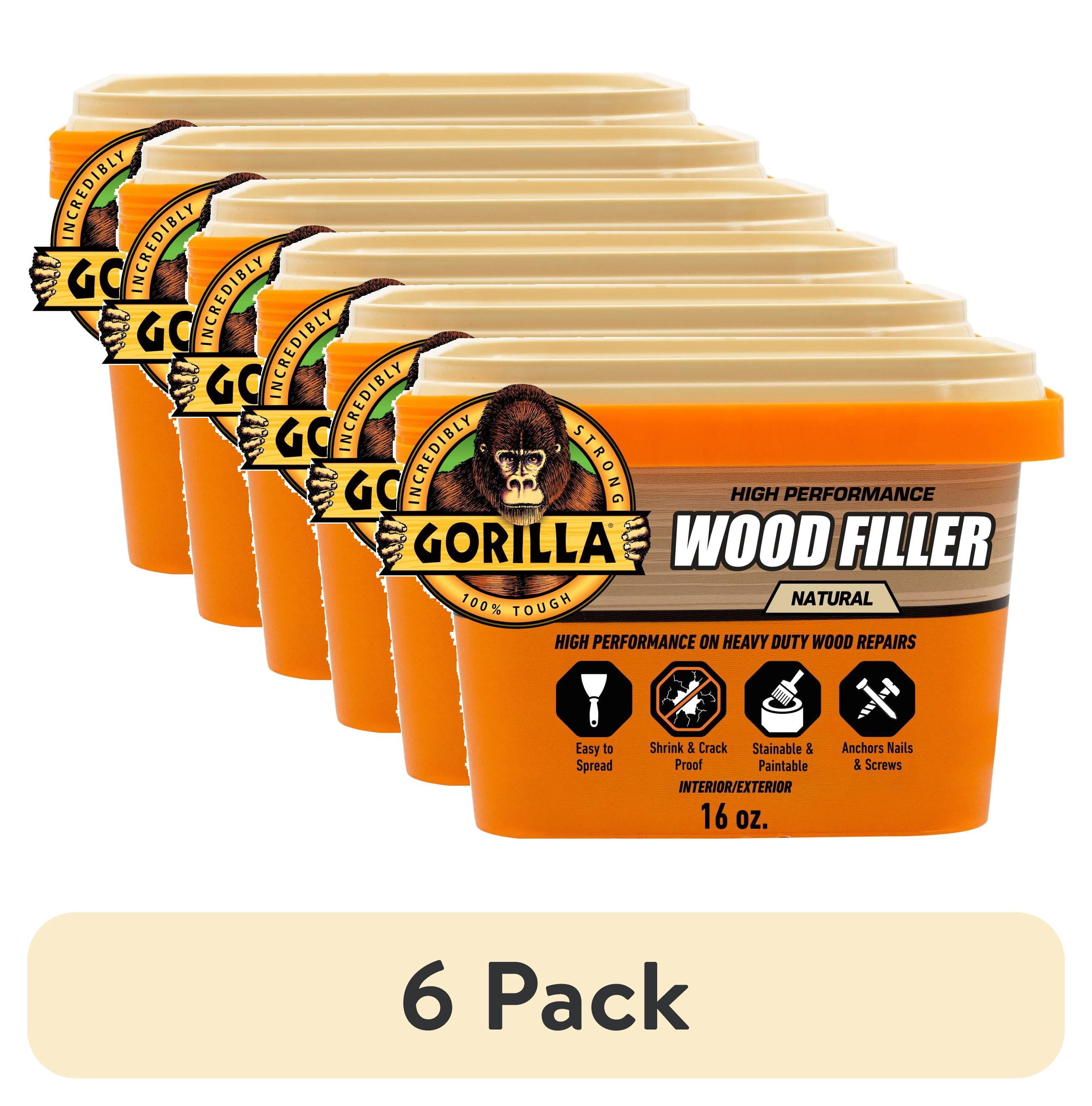 (6 pack) Gorilla All Purpose Wood Filler, Natural Finish, 16 Ounce Tub - Water Resistant for Indoor or Outdoor Projects and Repairs