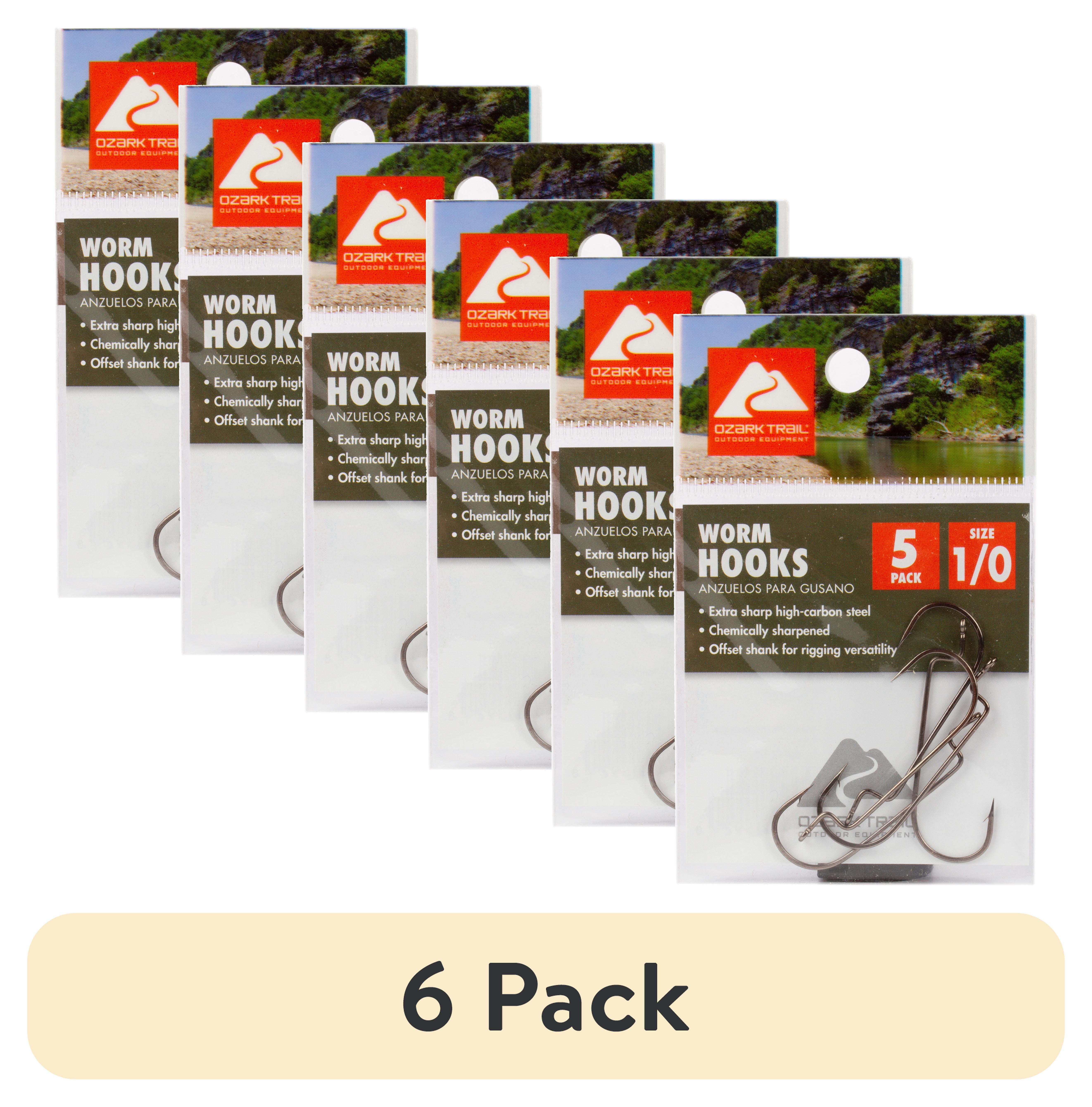 (6 pack) Ozark Trail 1/0 Offset Worm Fishing Hooks, 5 Pack, High-Carbon Steel