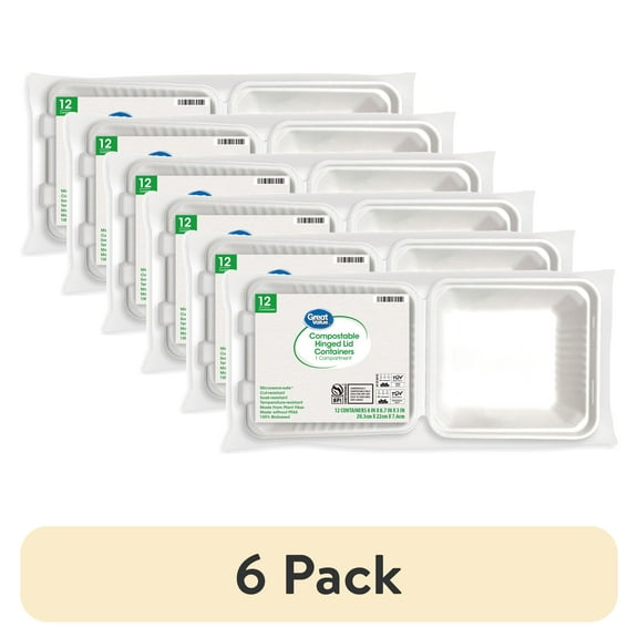 (6 pack) Great Value 1 Compartment Hinged Container, Compostable Bagasse, White, 12ct