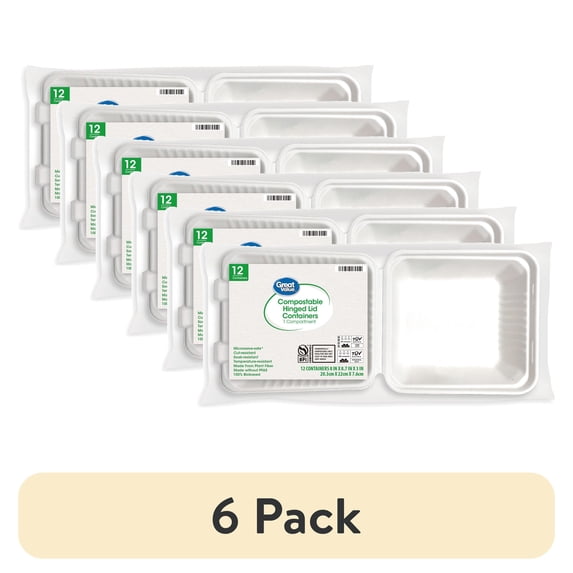 (6 pack) Great Value 1 Compartment Hinged Container, Compostable Bagasse, White, 12ct