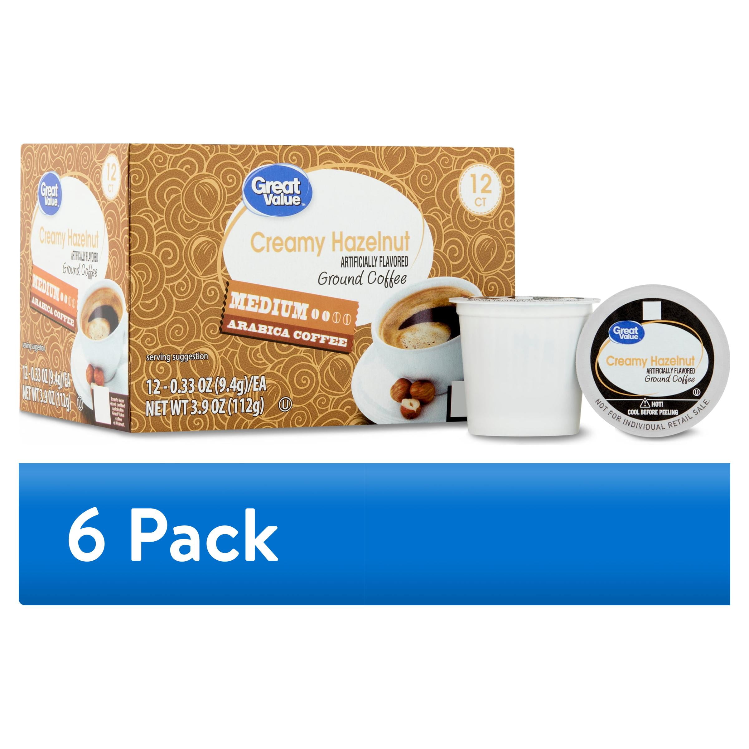(6 pack) Great Value 100% Arabica Creamy Hazelnut Medium Roast Arabica Coffee Pods, 12 Ct