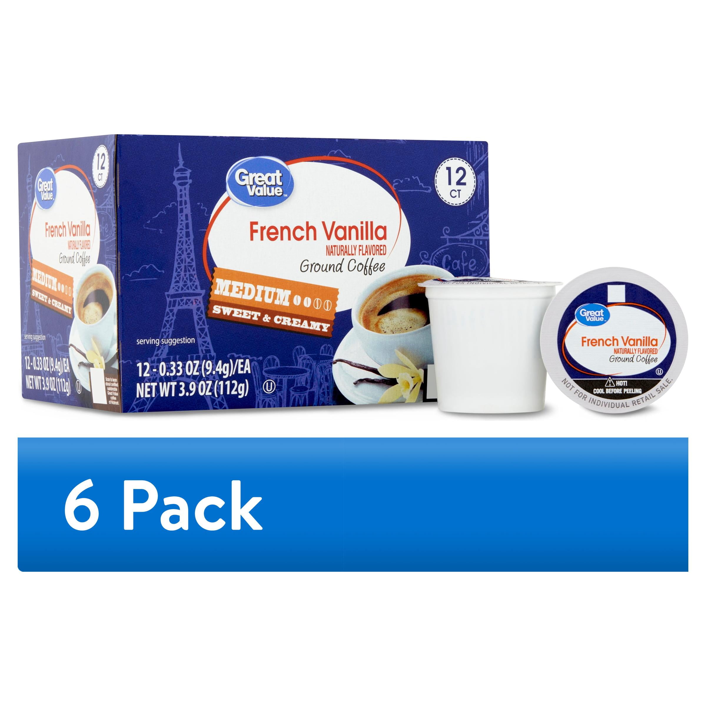 (6 pack) Great Value 100% Arabica French Vanilla Medium Roast Ground Coffee Pods, 12 Count