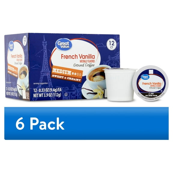 (6 pack) Great Value 100% Arabica French Vanilla Medium Roast Ground Coffee Pods, 12 Ct