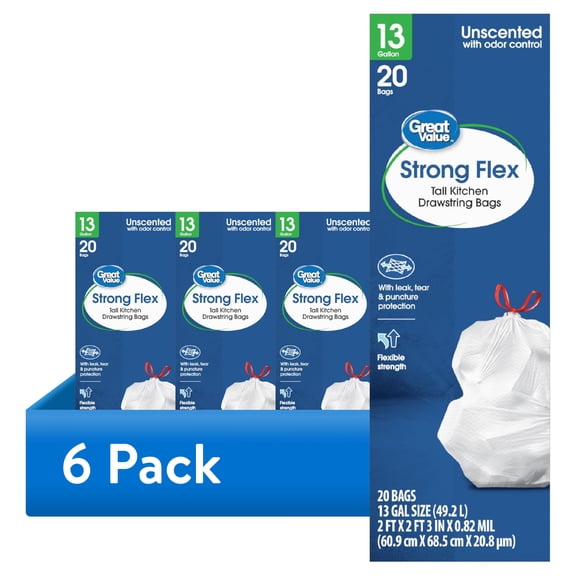 (6 pack) Great Value 13 gal Strong Flex Tall Kitchen Drawstring Bags, Unscented, 20 Bags