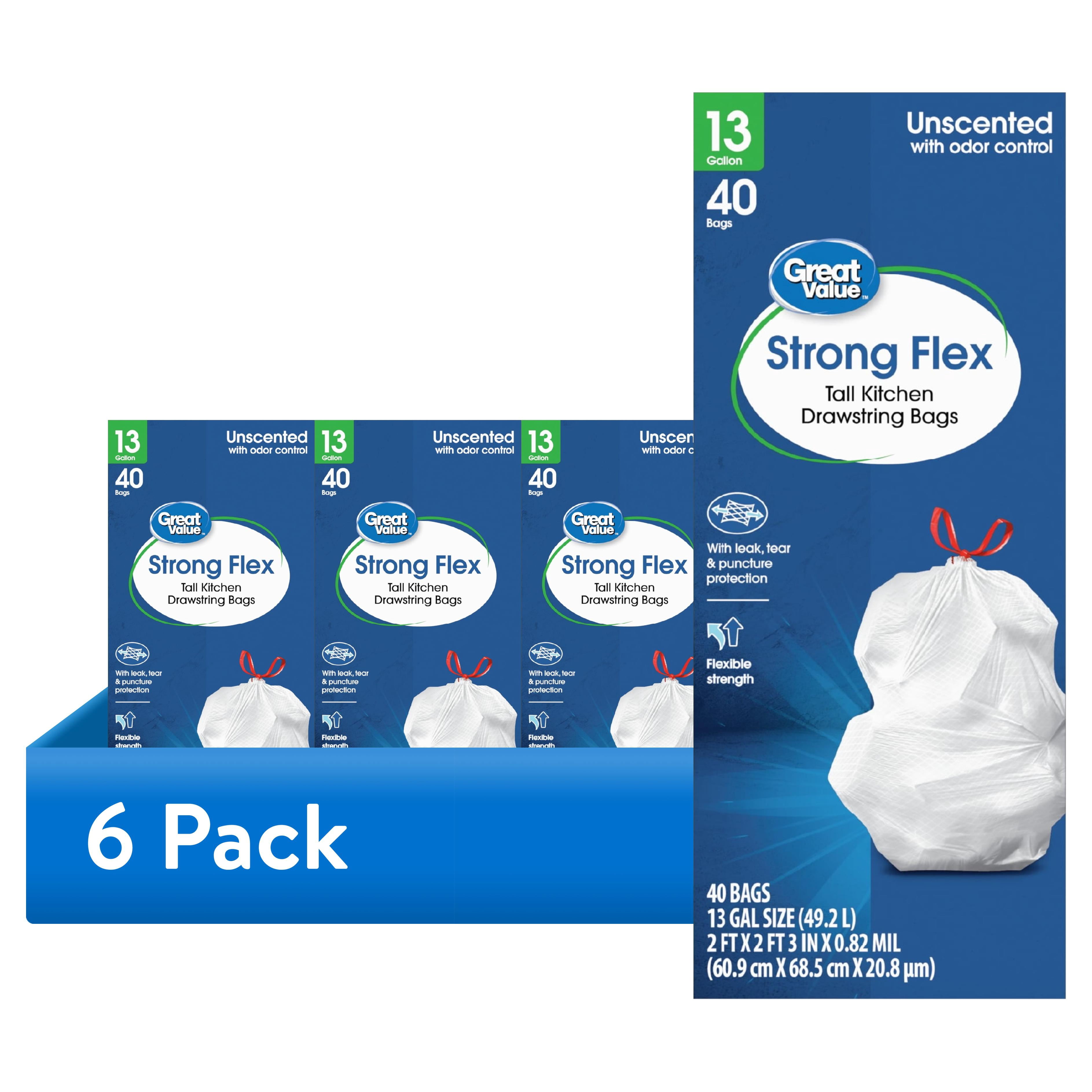 (6 pack) Great Value 13 Gallon Strong Flex Tall Kitchen Drawstring Bags, 40 Bags
