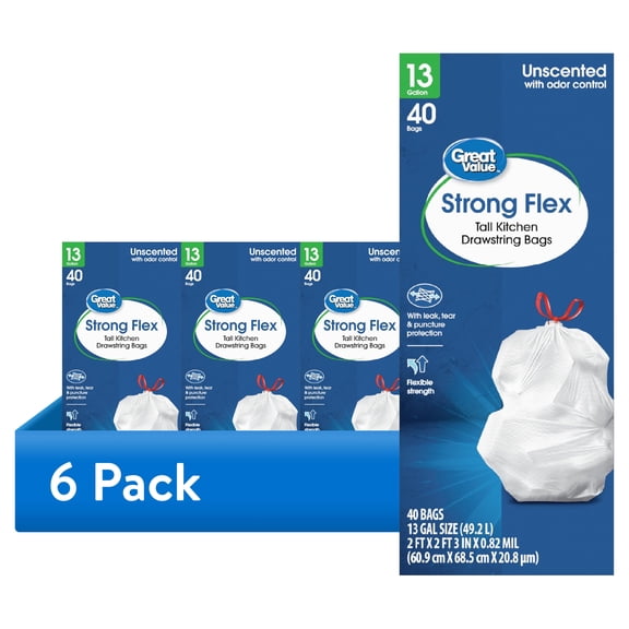 (6 pack) Great Value 13 Gallon Strong Flex Tall Kitchen Drawstring Bags, 40 Bags