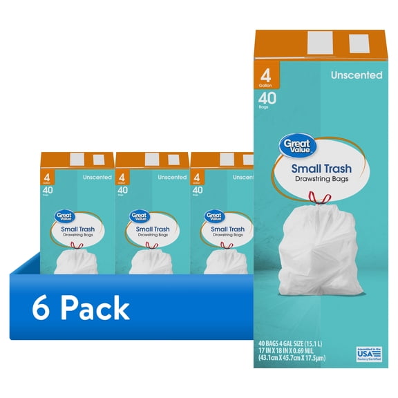(6 pack) Great Value 4-Gallon Small Drawstring Trash Bags, 40 Bags