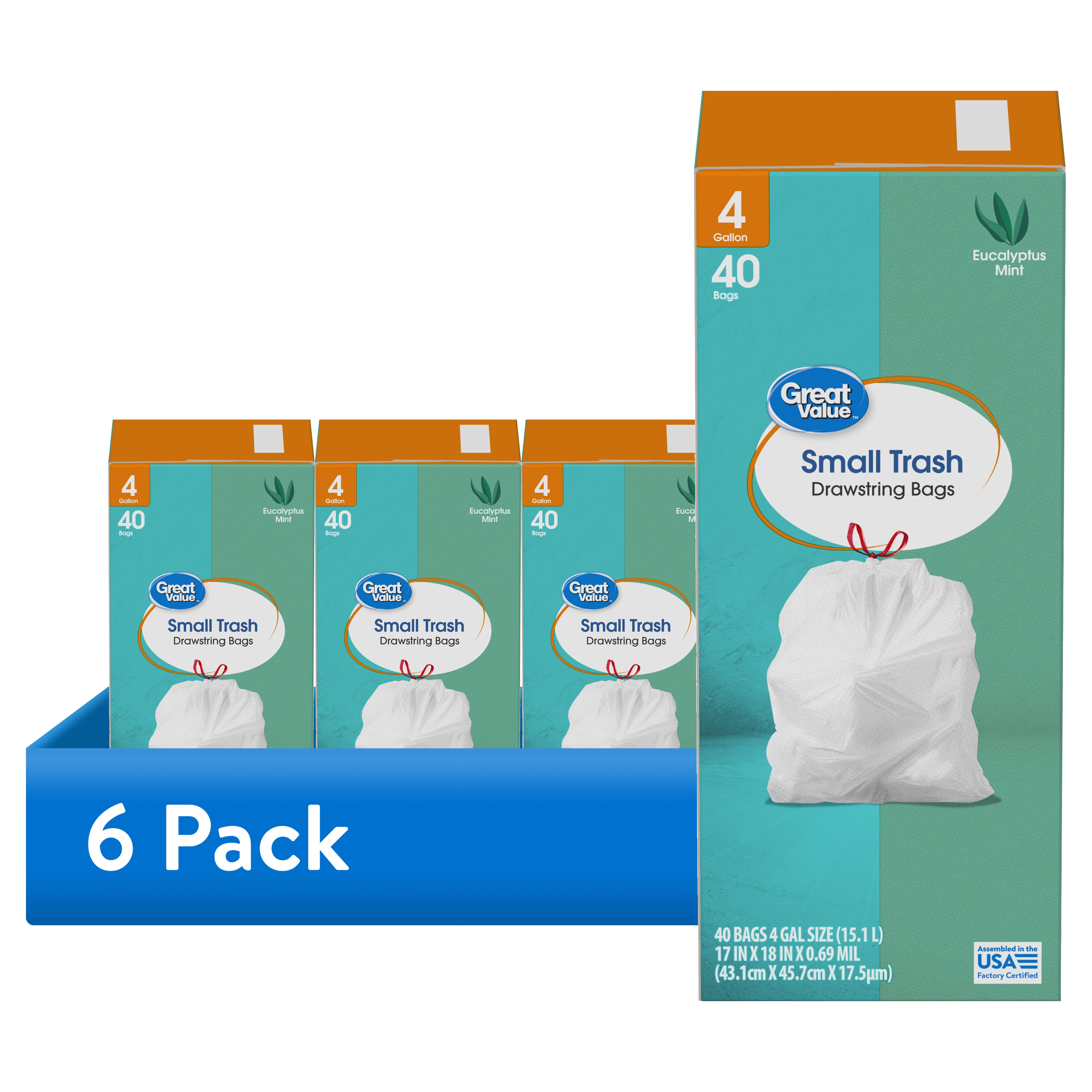 (6 pack) Great Value 4-Gallon Small Drawstring Trash Bags, Eucalyptus Mint Scent, 40 Bags