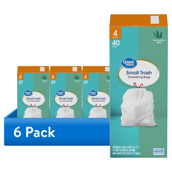 (6 pack) Great Value 4-Gallon Small Drawstring Trash Bags, Eucalyptus Mint Scent, 40 Bags