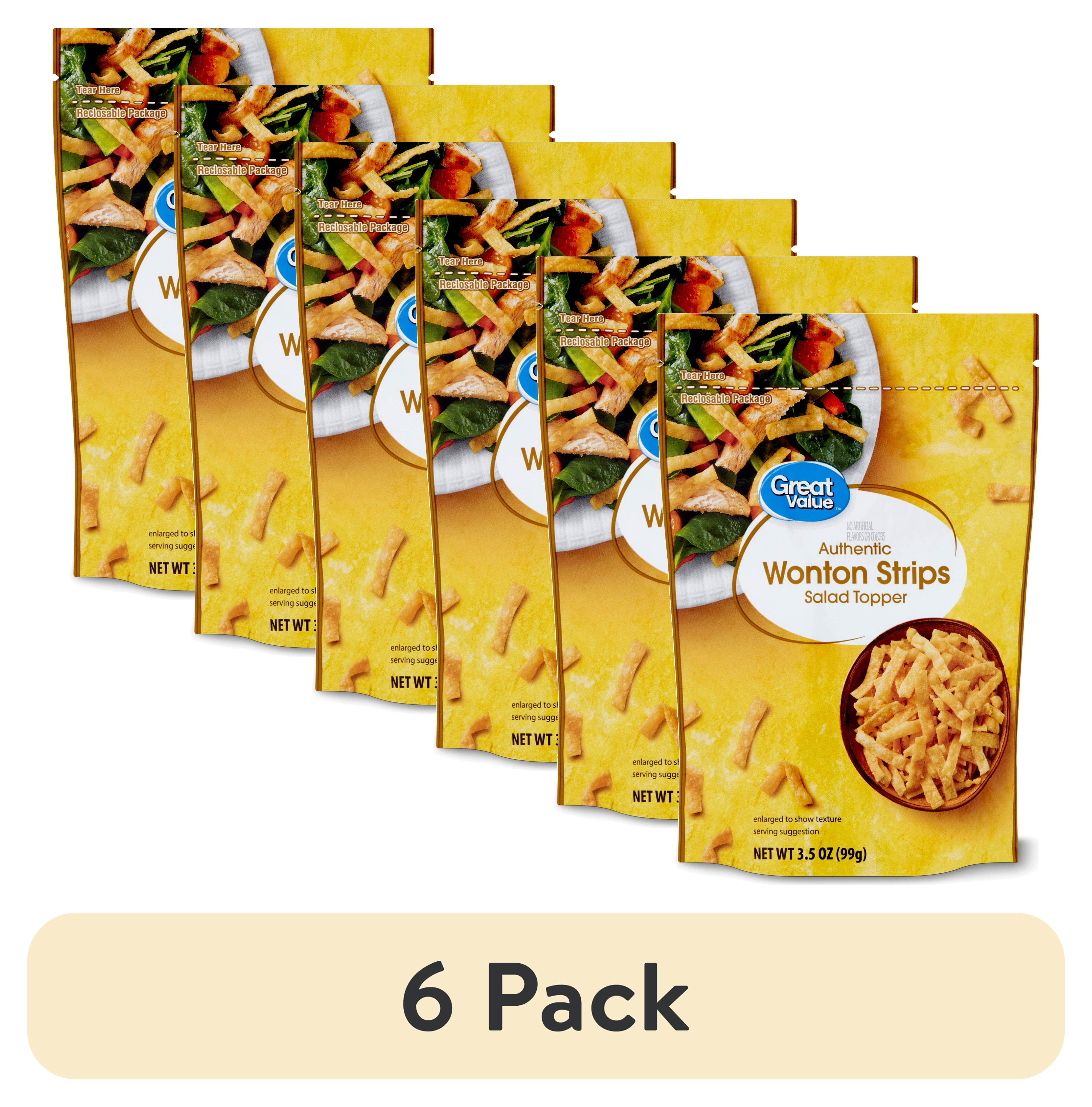 (6 pack) Great Value Authentic Wonton Strips Salad Topping, 3.5 oz Resealable Bag, Salted