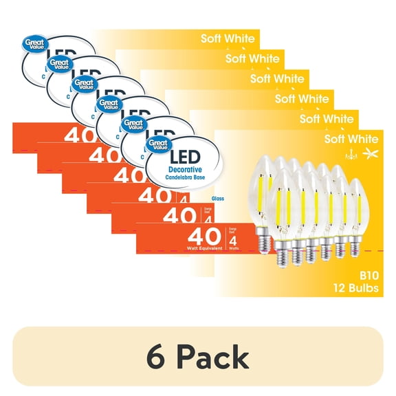 (6 pack) Great Value B10 LED 4W (40W Equivalent) Soft White Decorative E12 Candelabra Base Light Bulbs, Dimmable, 12 Pack