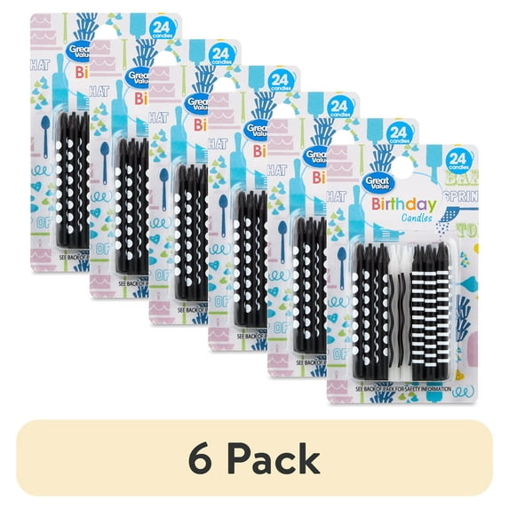 (6 pack) Great Value Birthday Candles, Black and White, 24 Count