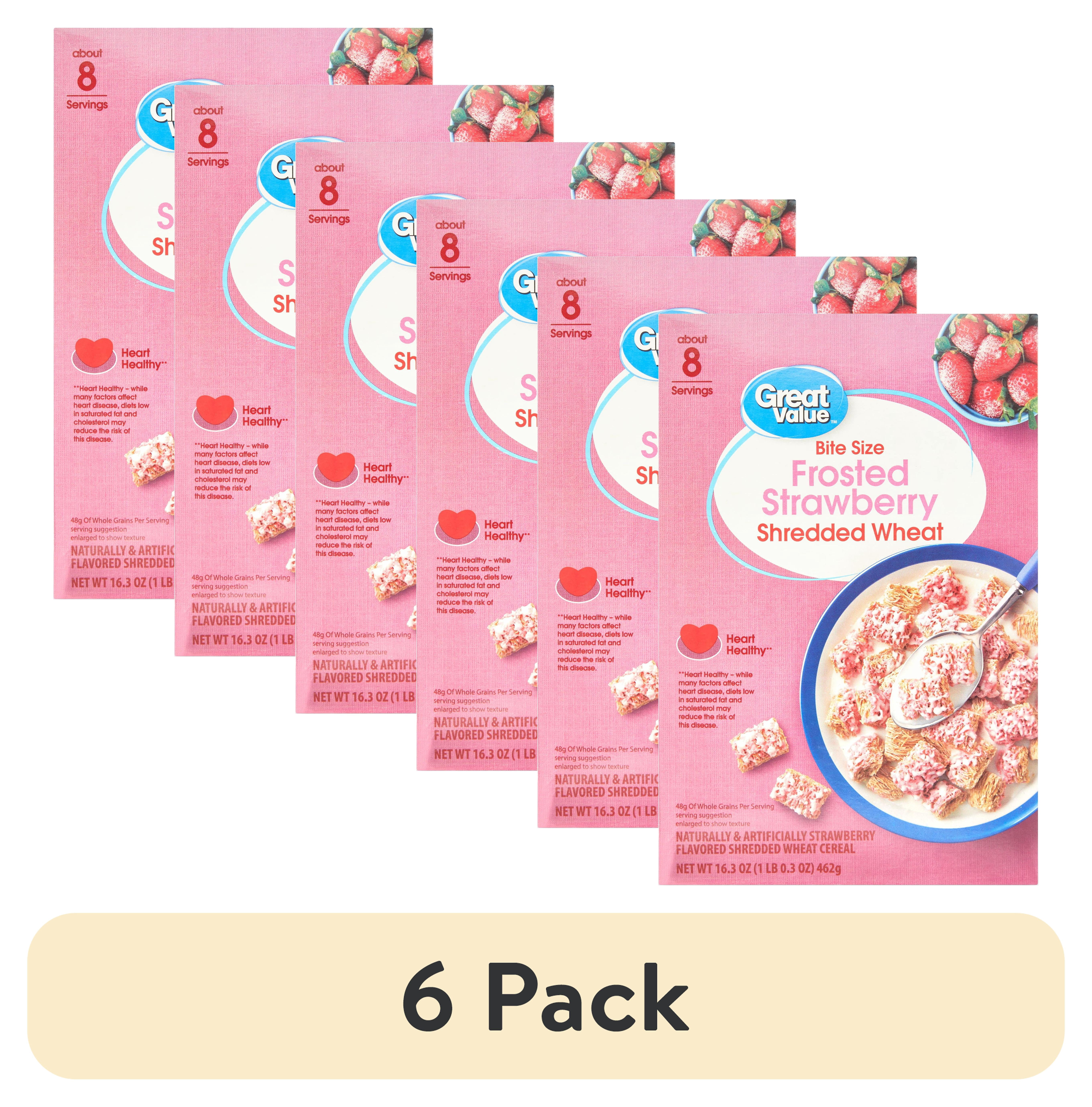 (6 pack) Great Value Bite Size Frosted Strawberry Shredded Wheat Breakfast Cereal, 16.3 oz