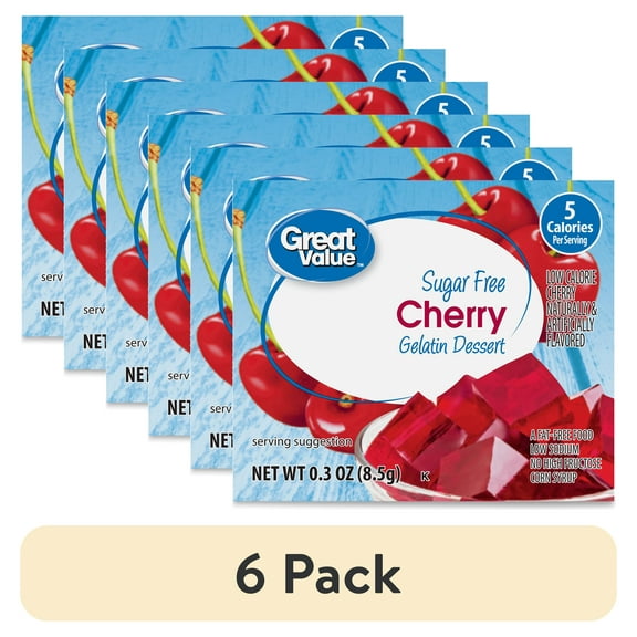 (6 pack) Great Value Sugar Free Cherry Gelatin Dessert, 0.3 oz