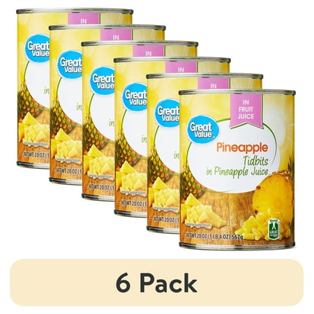 (6 pack) Great Value Canned Pineapple Tidbits, 20 oz