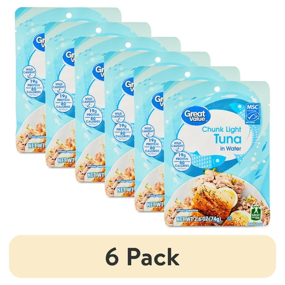 (6 pack) Great Value Chunk Light Tuna in Water, 2.6 oz Pouch