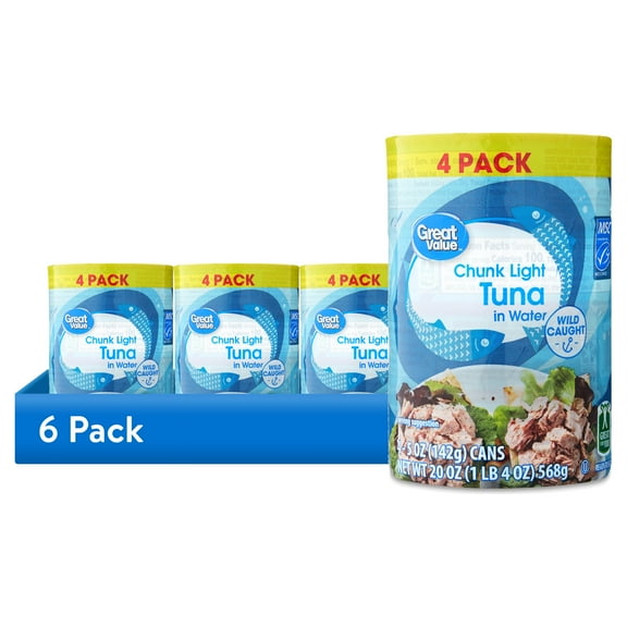 (6 pack) Great Value Chunk Light Tuna in Water, 5 oz, 4 Pack