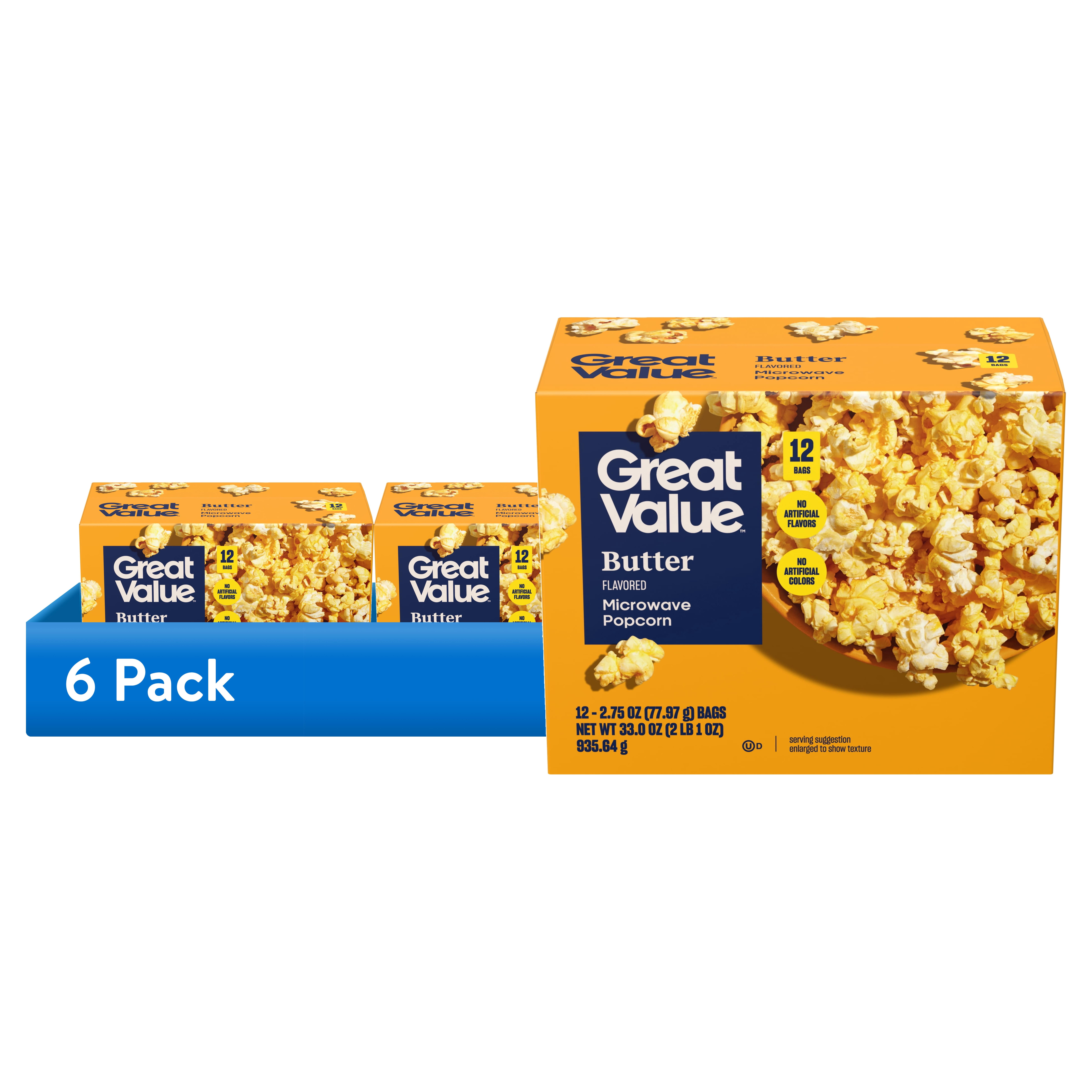 (6 pack) Great Value Classic Butter Flavored Microwave Popcorn, 2.4 oz, 12 Count