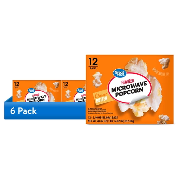 (6 pack) Great Value Classic Butter Flavored Microwave Popcorn, 2.4 oz, 12 Count
