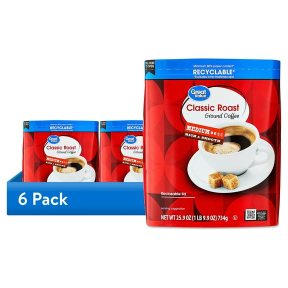 (6 pack) Great Value Classic Medium Roast Ground Coffee, Naturally Caffeinated, 25.9 oz