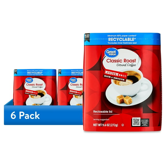 (6 pack) Great Value Classic Roast Medium Ground Coffee, 9.6 oz