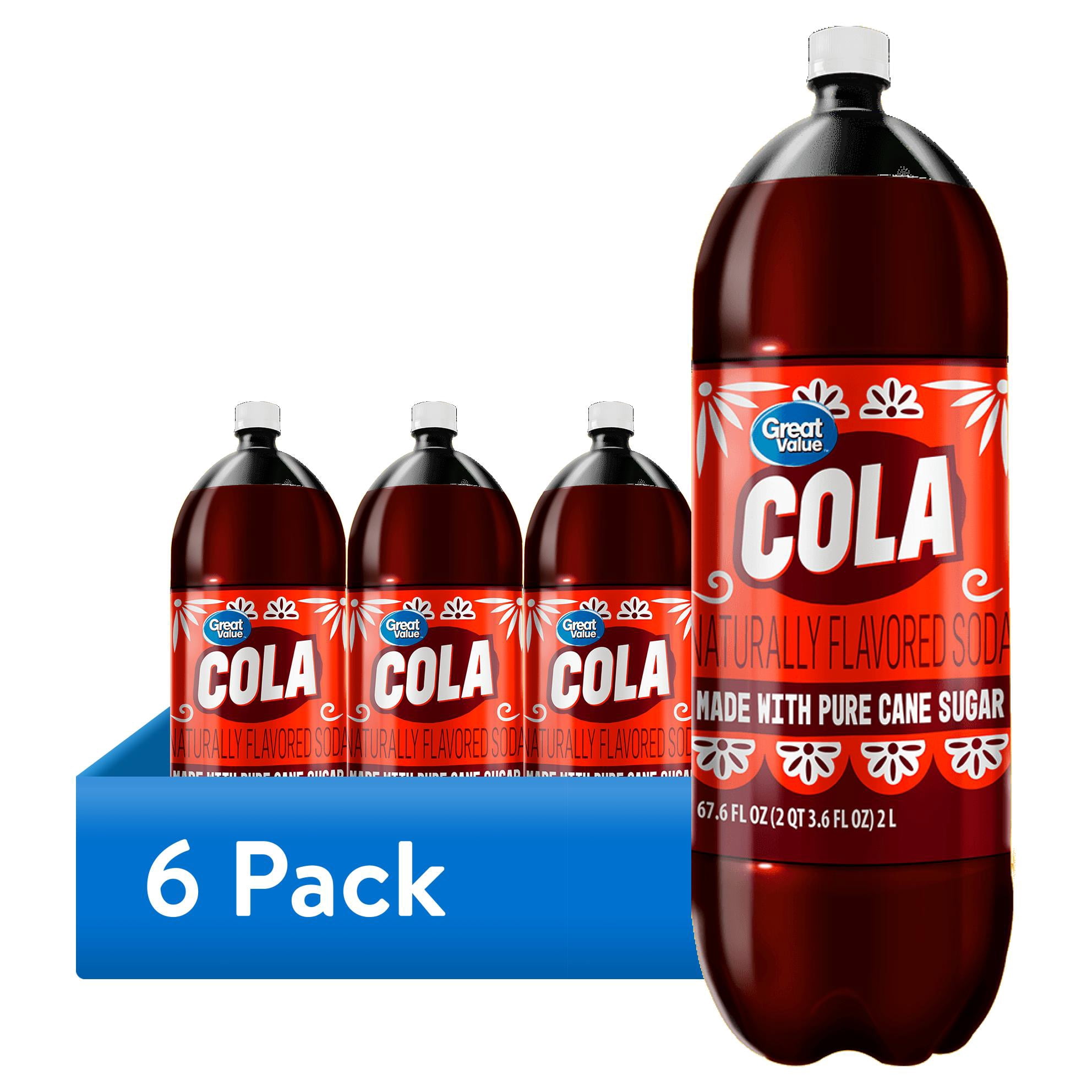 (6 pack) Great Value Cola Soda Pop, Pure Cane Sugar, 2 Liters