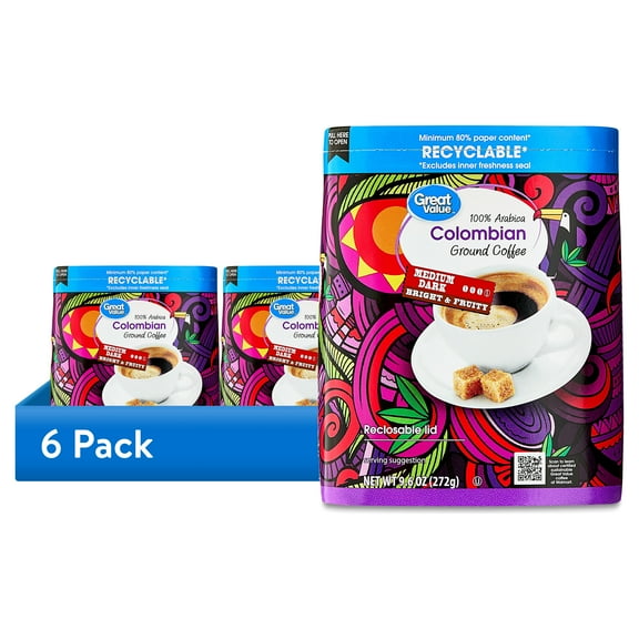(6 pack) Great Value Colombian Medium Dark Roast Ground Coffee, 9.6 oz