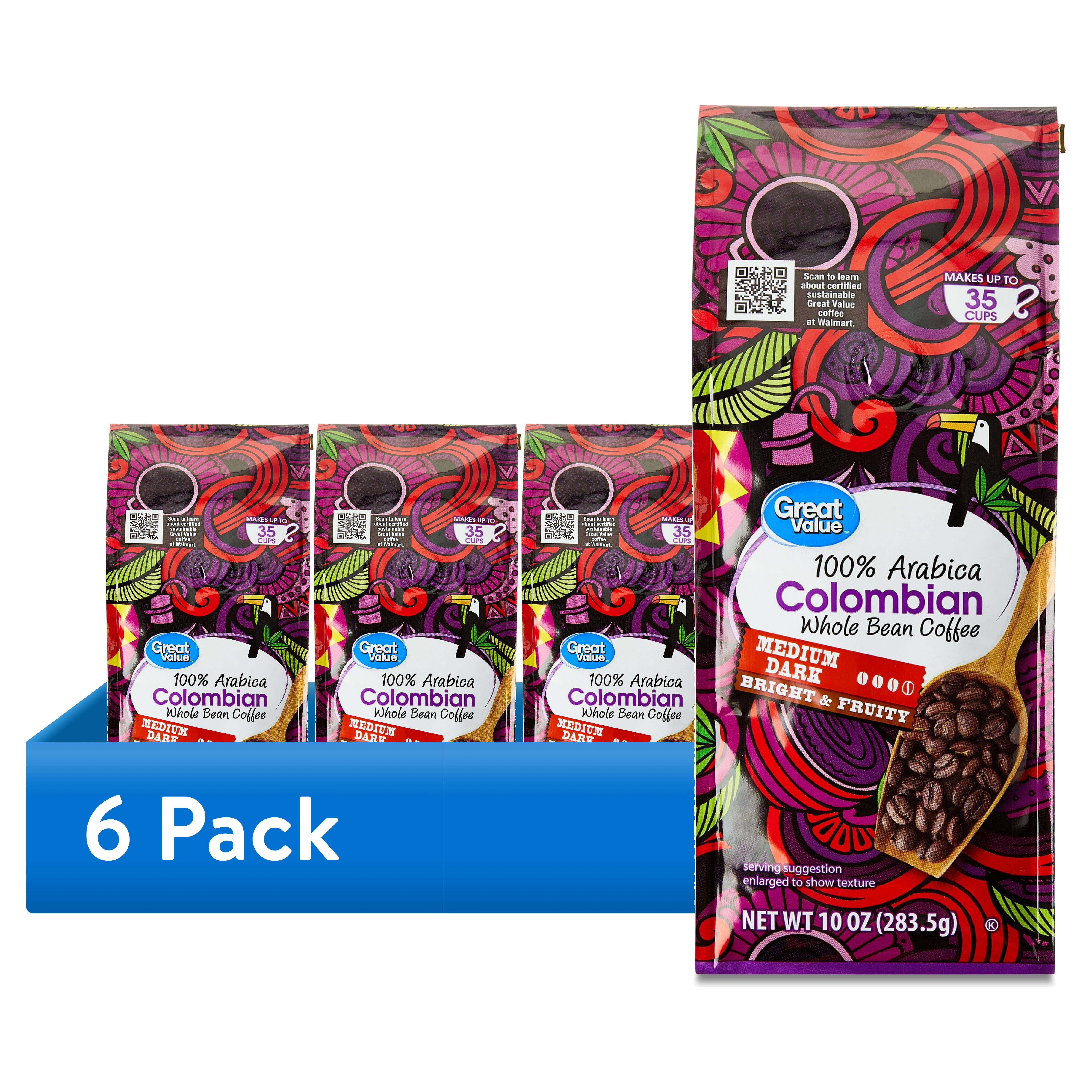 (6 pack) Great Value Colombian Whole Bean Coffee, Medium Dark Roast, 10 oz