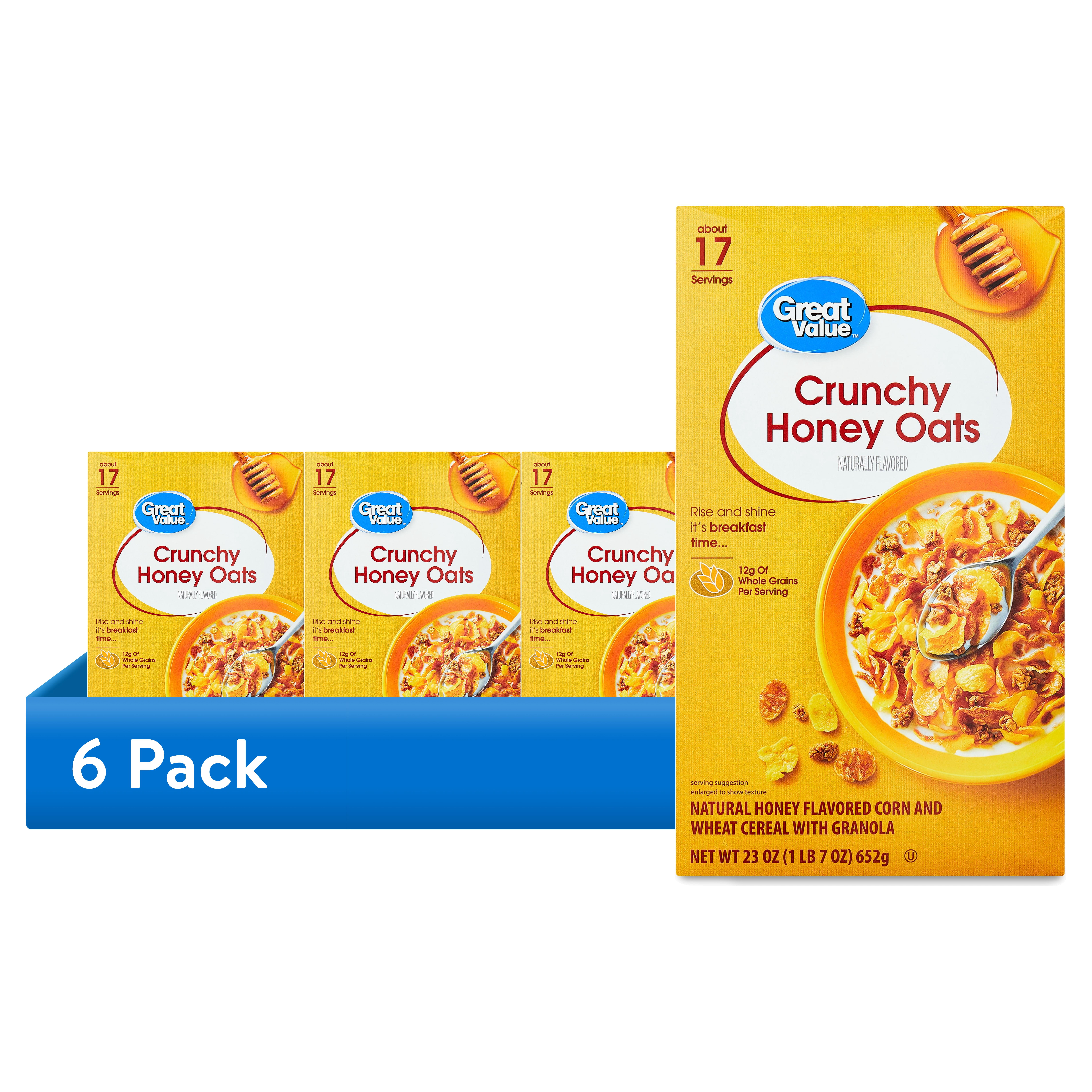 (6 pack) Great Value Crunchy Honey Oats Breakfast Cereal, 23 oz