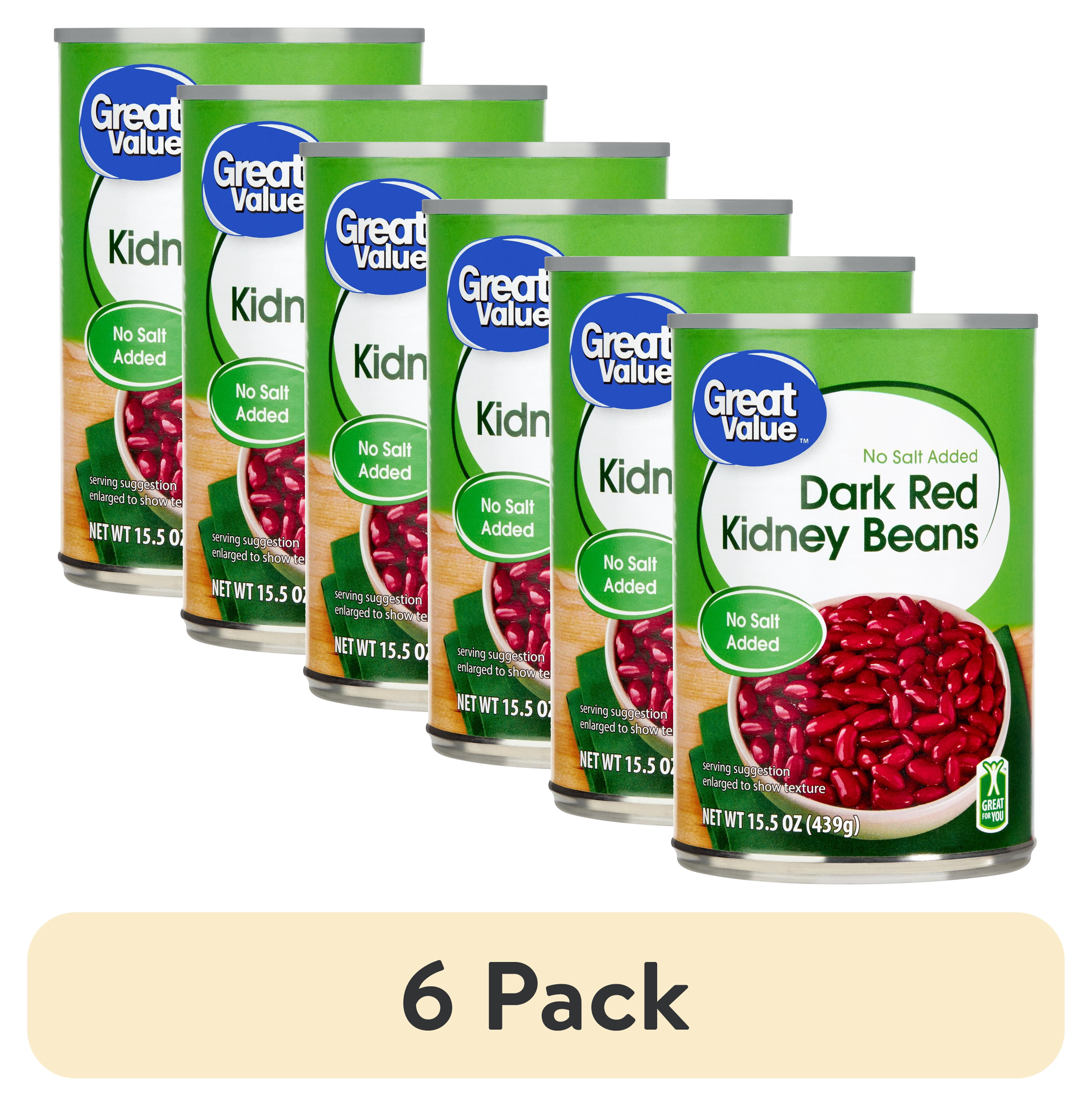 (6 pack) Great Value Dark Red Kidney Beans, No Salt Added, 15.5 oz