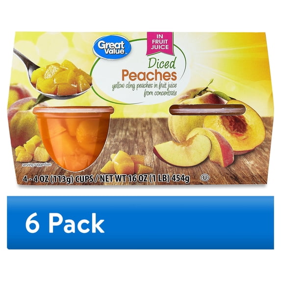(6 pack) Great Value Diced Peaches in Juice, 4 oz, 4 Count