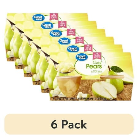 (6 pack) Great Value Diced Pears Fruit Cups in Juice, 4 oz, 4 Count