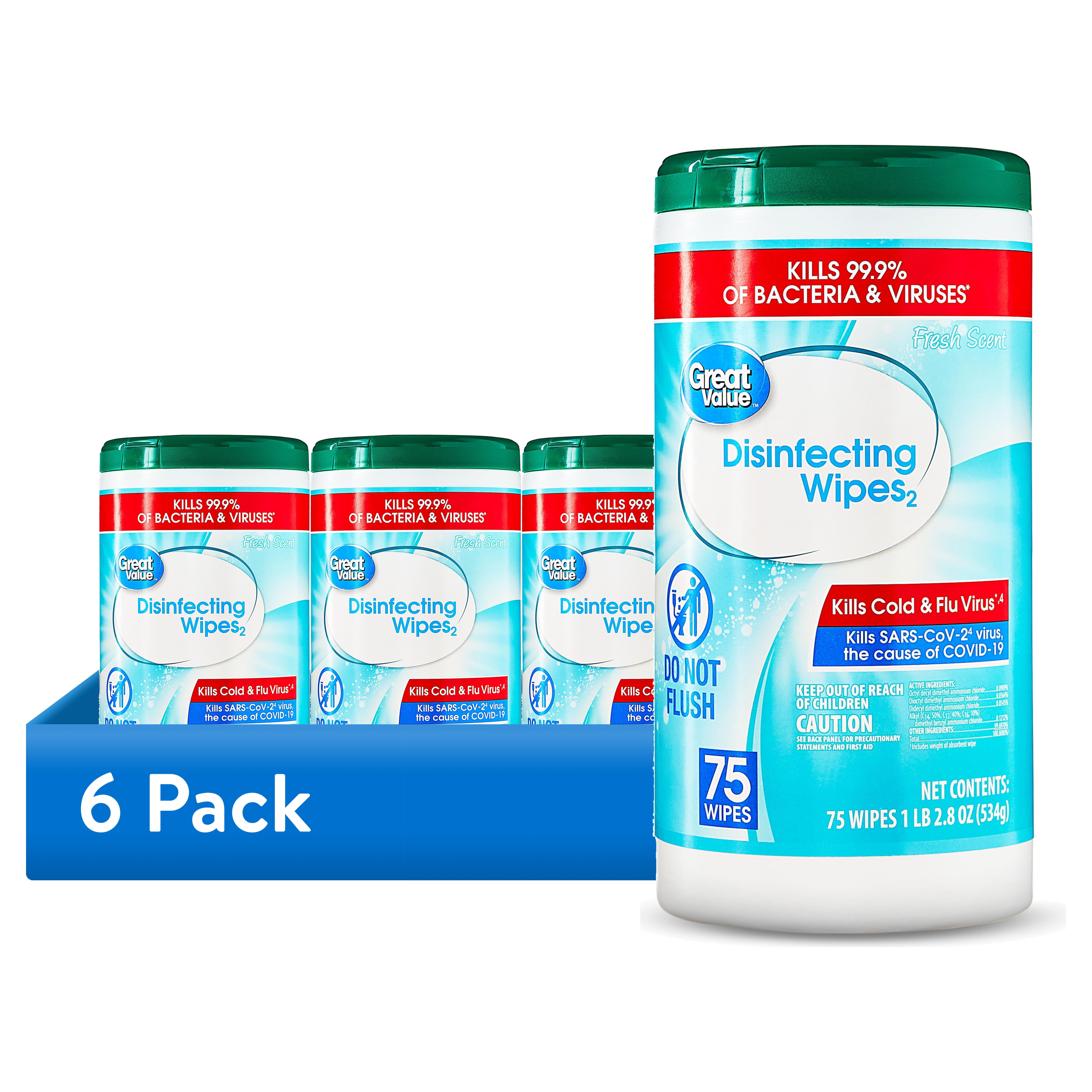 (6 pack) Great Value Disinfecting Wipes, Fresh Scent, 75 Count