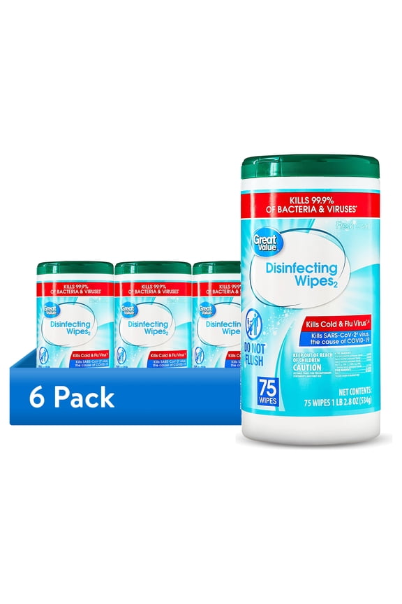 (6 pack) Great Value Disinfecting Wipes, Fresh Scent, 75 Count