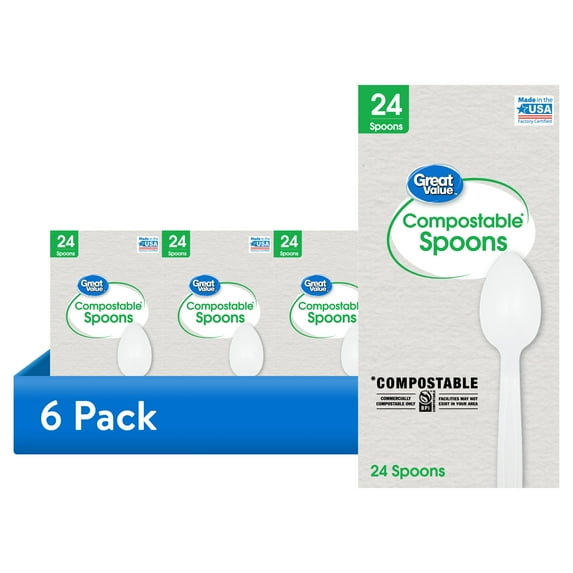 (6 pack) Great Value Disposable Compostable Biopolymer Spoon, Residential Single Use, White, 24 Count Pack