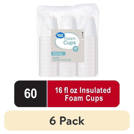 (6 pack) Great Value Insulated Foam Cups, 16 fl oz, White, 60 Count, 1 Pack