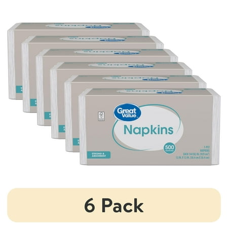 (6 pack) Great Value 12" x 12" White Disposable Paper Napkins, 500 Count