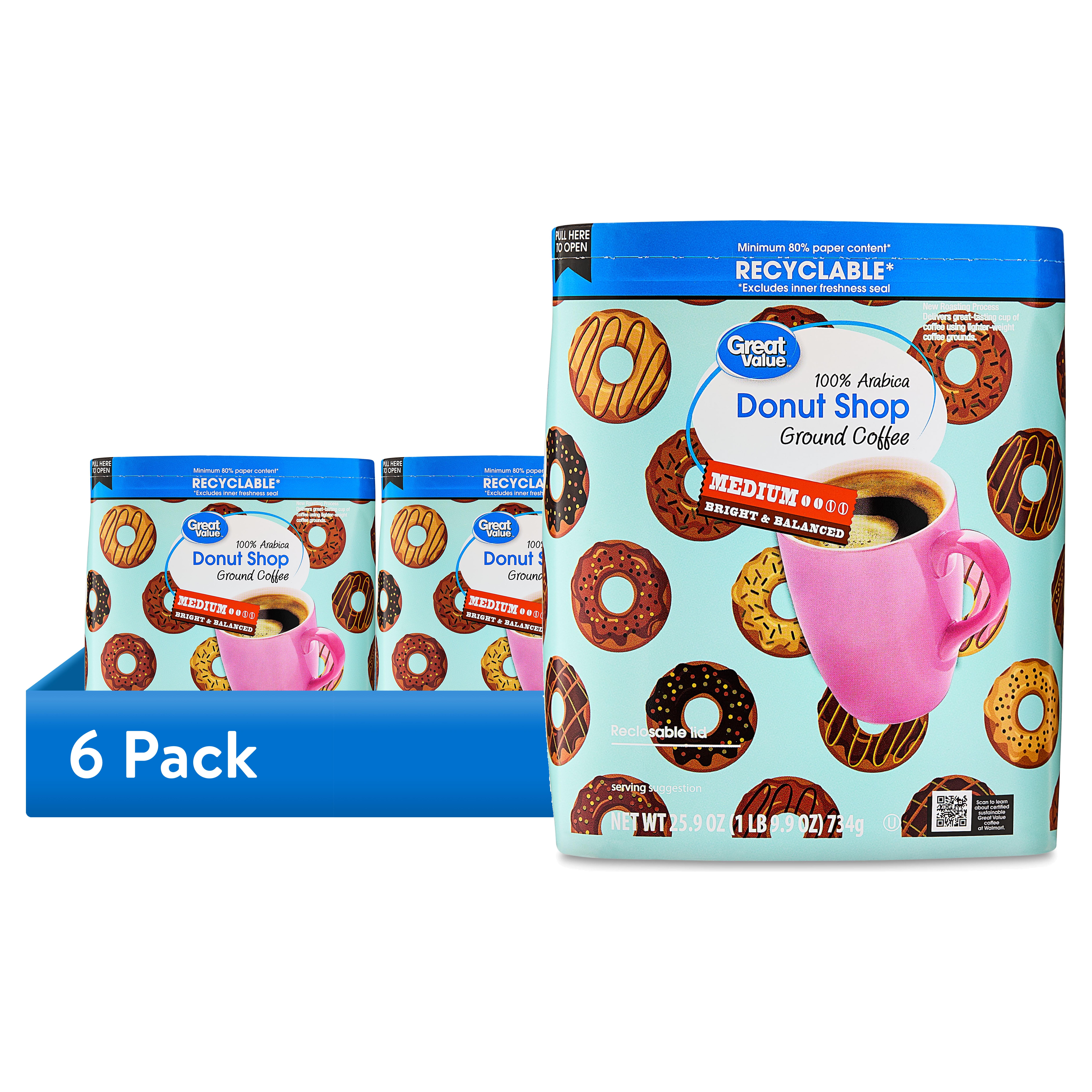 (6 pack) Great Value Donut Shop 100% Arabica Medium Ground Naturally Caffeinated Coffee, 25.9 oz