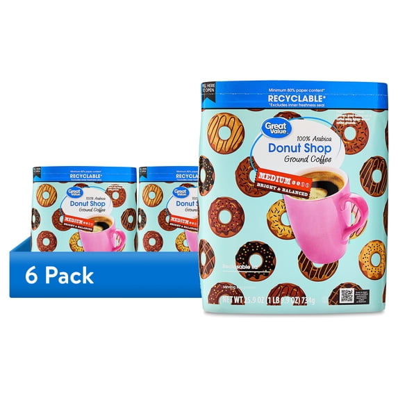 (6 pack) Great Value Donut Shop 100% Arabica Medium Ground Naturally Caffeinated Coffee, 25.9 oz