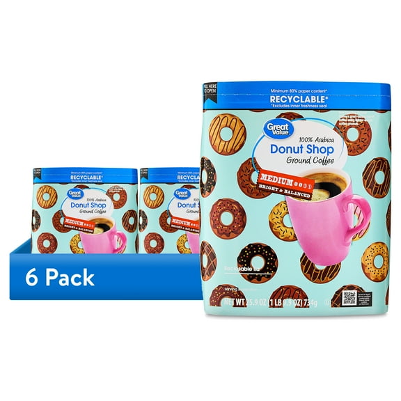 (6 pack) Great Value Donut Shop 100% Arabica Medium Ground Naturally Caffeinated Coffee, 25.9 oz